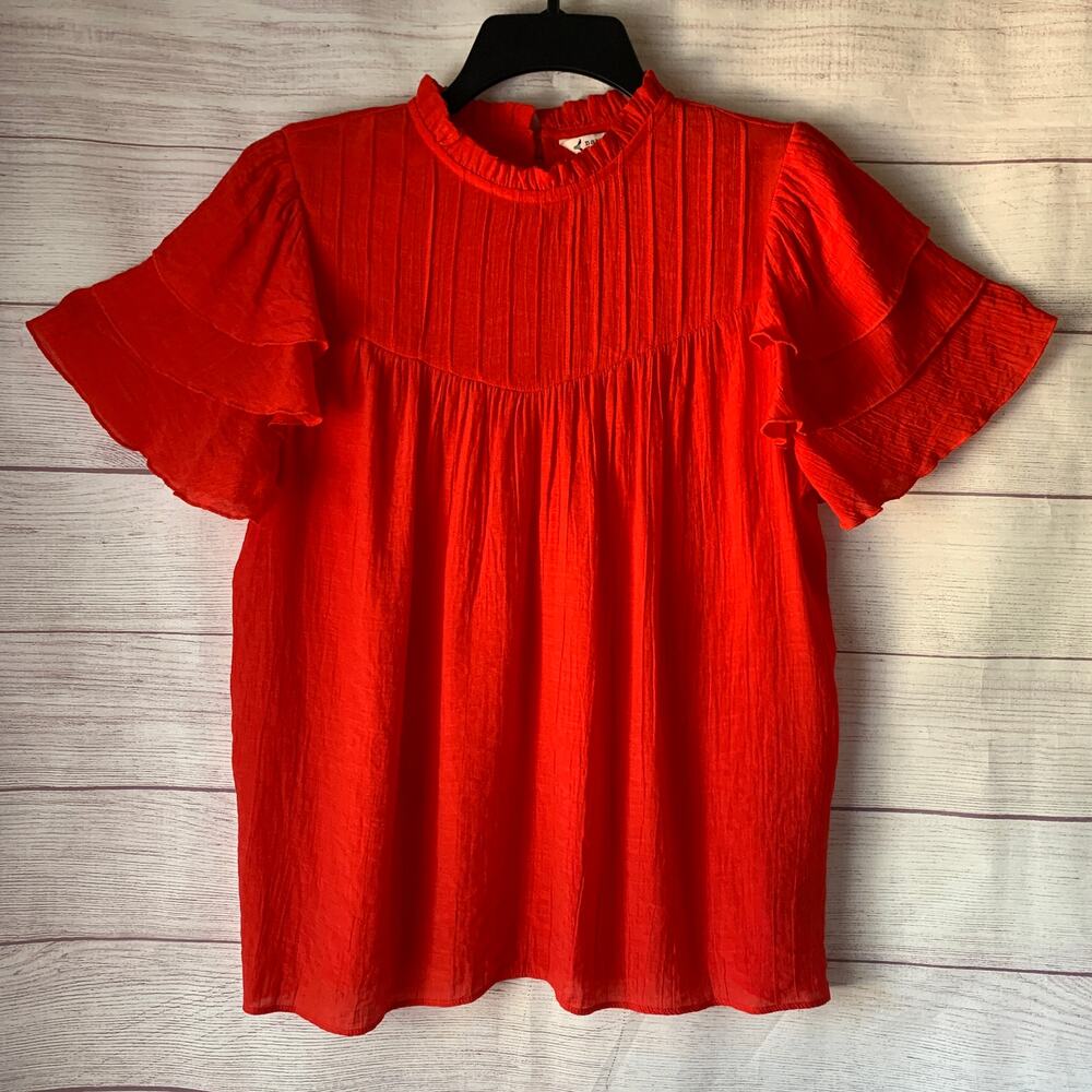 Nanette Lepore Red Flutter Sleeve Blouse Ruffle Mock Neck Crinkle Top Size M